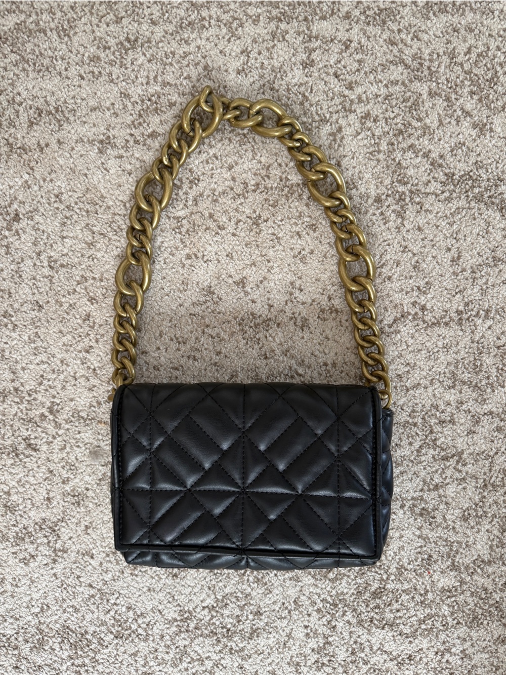 Zara Quilted Black Leather Shoulder Bag with Antique Gold Chain